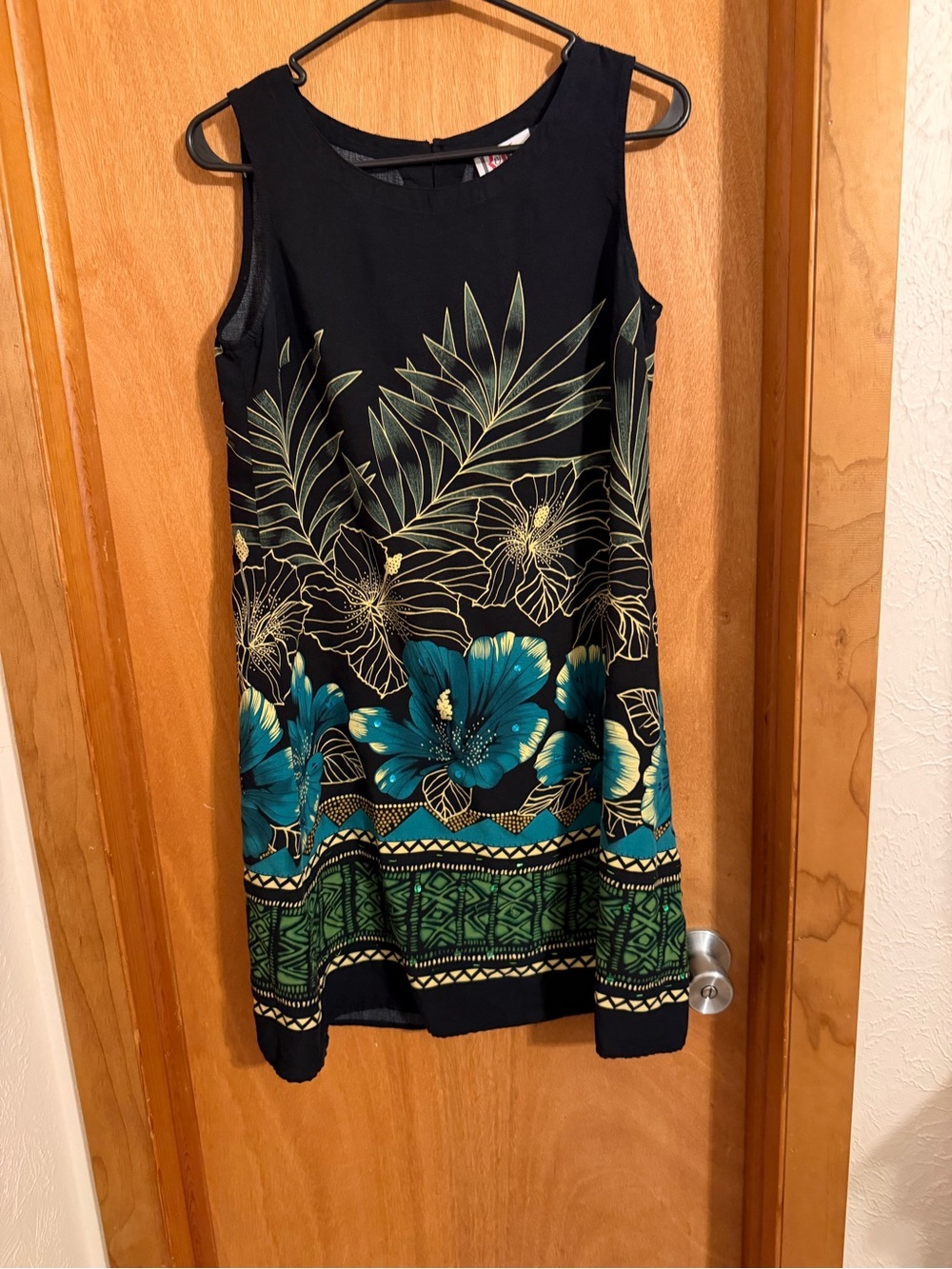 Sleeveless Black Floral Shift Dress with Teal and Green Accents